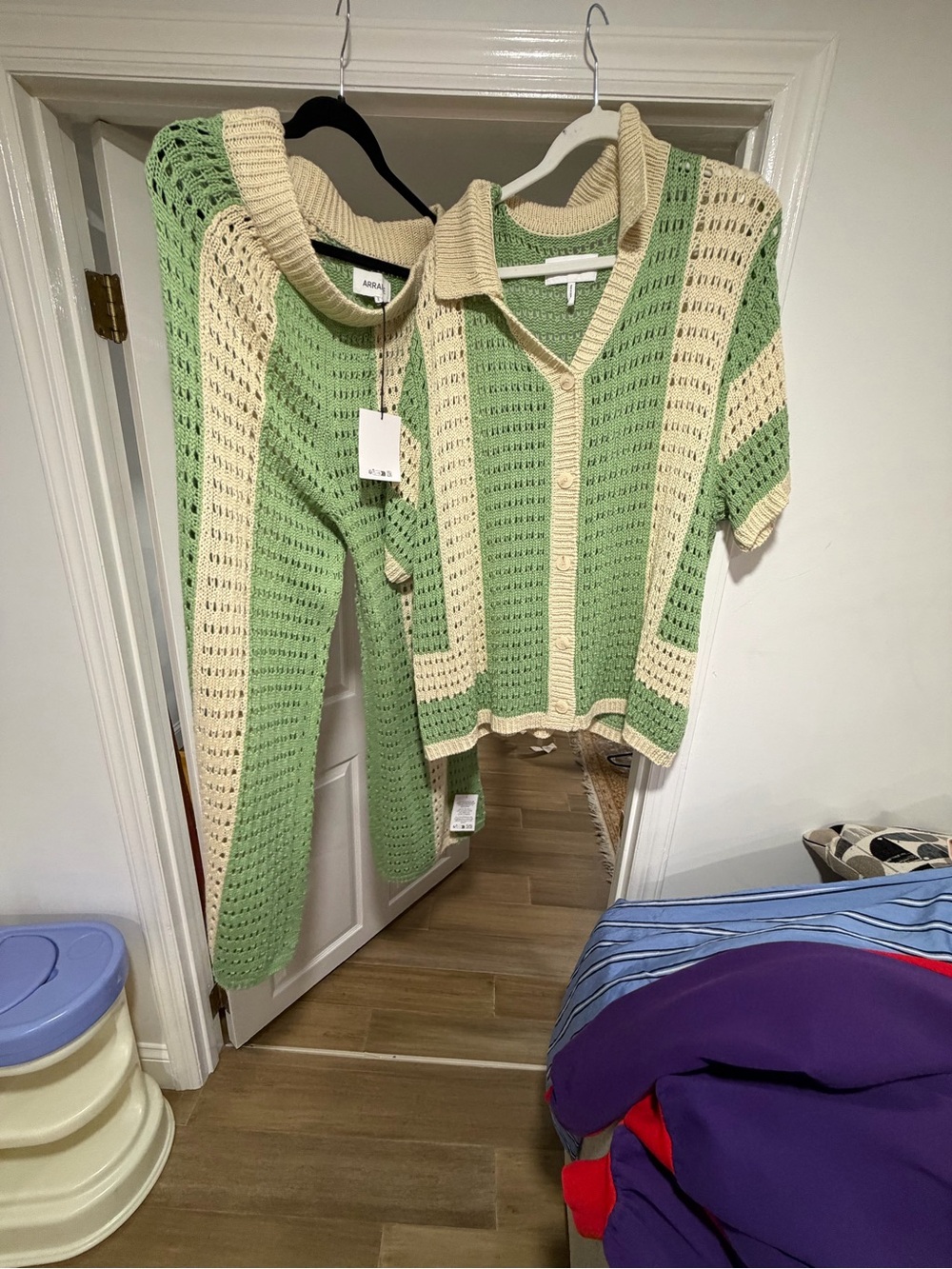 Open-Knit Green and Cream Collared Sweater set